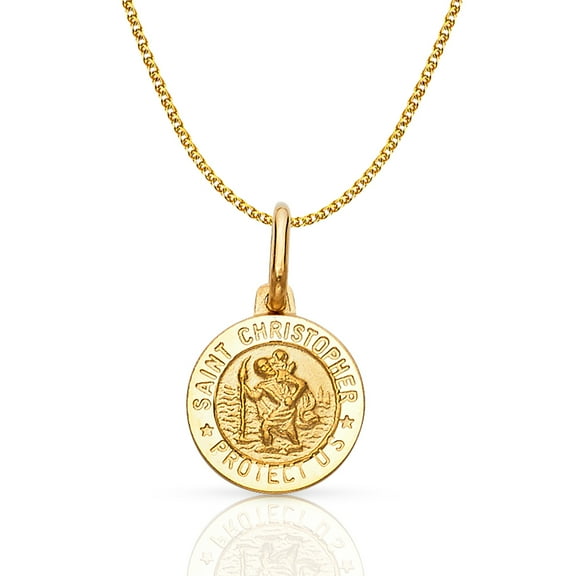 14K Yellow Gold St. Christopher Protect Us Charm Pendant with 1.2mm Flat Open Wheat Chain Necklace - 16"