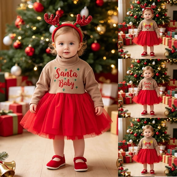 Toddler Girls Christmas Tulle Dress Turtleneck Long Sleeve Knitting Tops Layered Lace Skirt with Reindeer Antler Headband Set