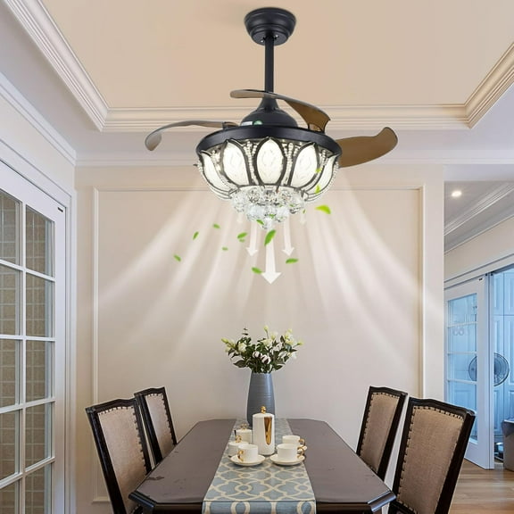 Ceiling Fan Light, K9 Crystal Retractable Fan Ceiling Light with Remote Control, 3 Color Change, 6 Speed, Ceiling Fan Light for Bedroom Hallway Living Room Lobby 36 x 22 Inch