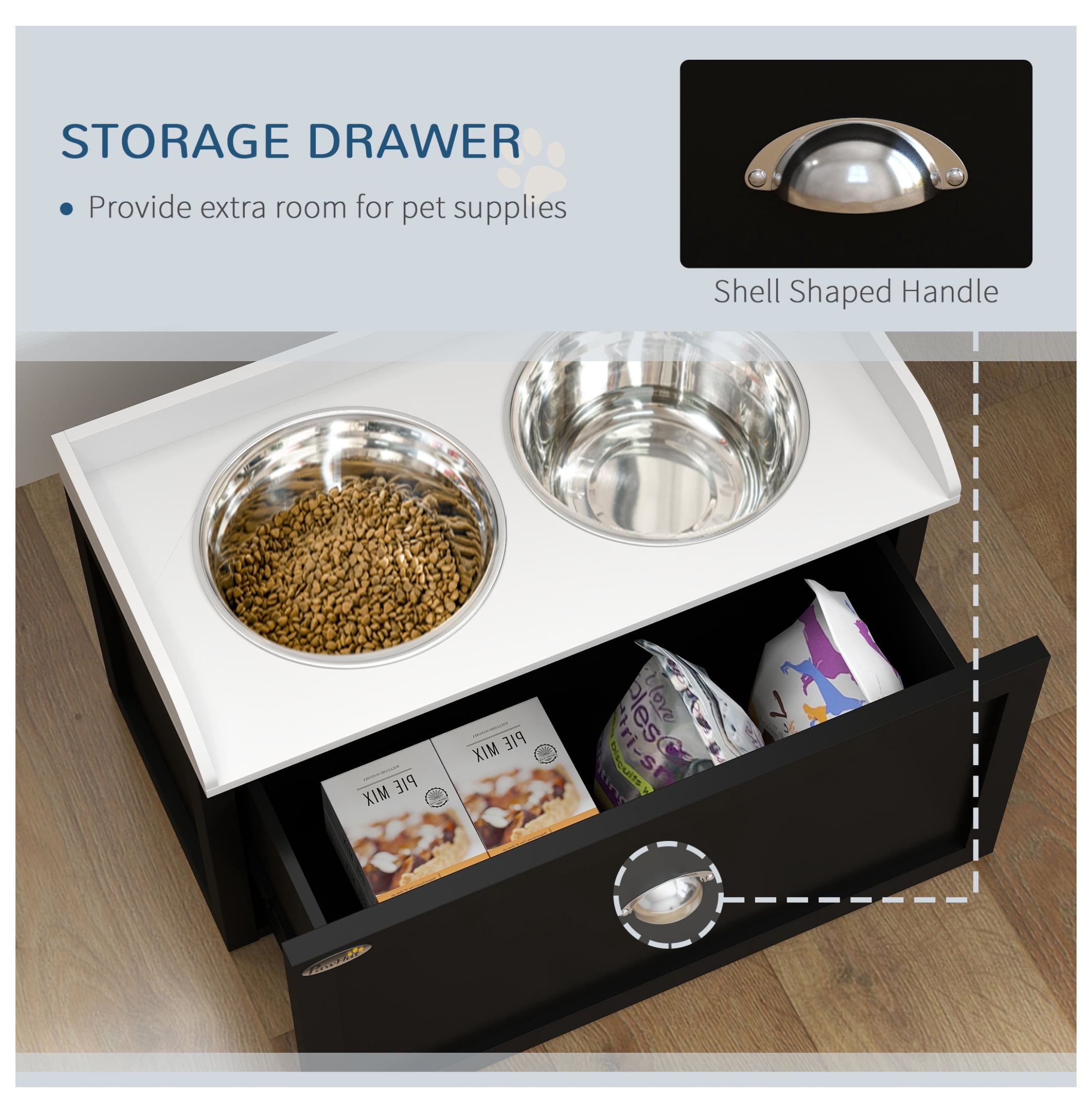 Elevated Dog Bowls with Storage, Pet Feeder Station for Large Dogs, 2 Stainless Steel Bowls, White & Black