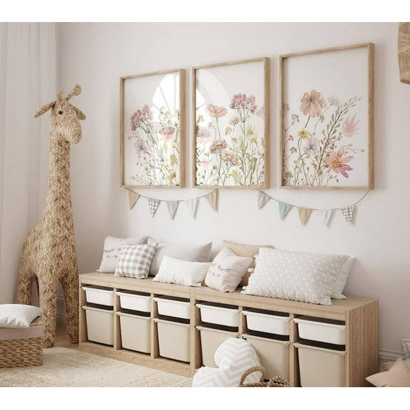 3 Pieces Watercolor Floral Canvas Poster Print Rainbow Wildflower Wall Art Painting Pictures for Girl's Room Decor Ready To Hang