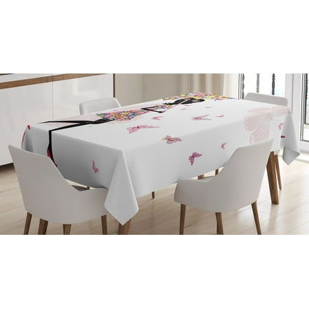 Girly Decor Tablecloth Girl With Floral Umbrella And Dress