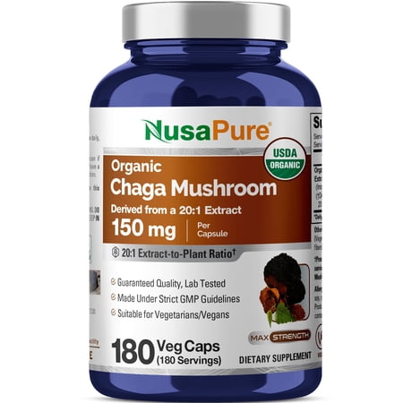 NusaPure Chaga Mushroom, 150 mg, 180 Veg Capsules (USDA Organic, Vegan, Non-GMO)
