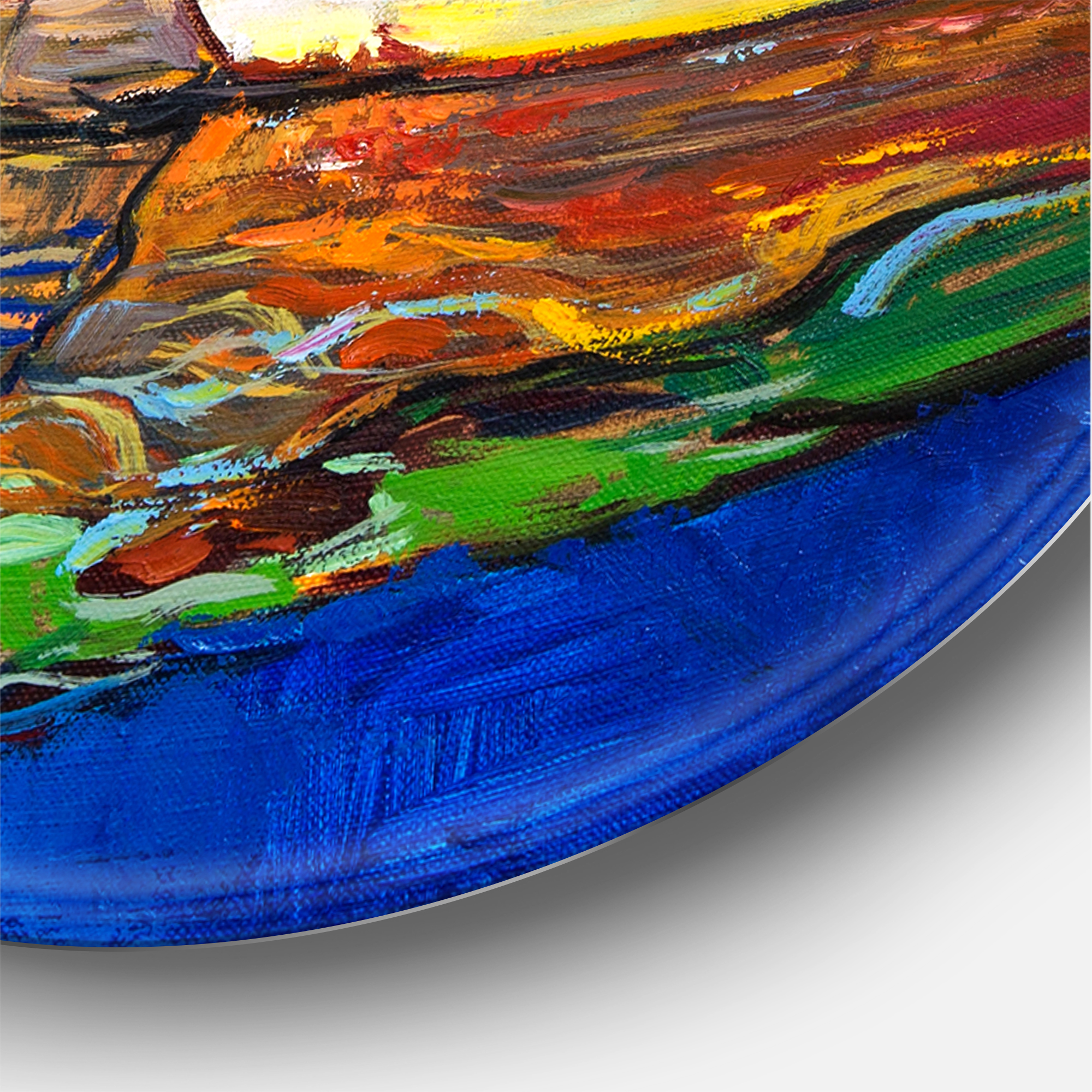 Designart 'Boats Near Coastal Town Resting On The Water II' Nautical & Coastal Circle Metal Wall Art 36x36 - Disc of 36