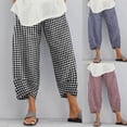 thumbnail image 1 of qolati Capris Pants for Women Cotton Linen Wide Leg Plaid Cropped Pants Beach Elastic Waist Baggy Beach Lounge Trousers, 1 of 7