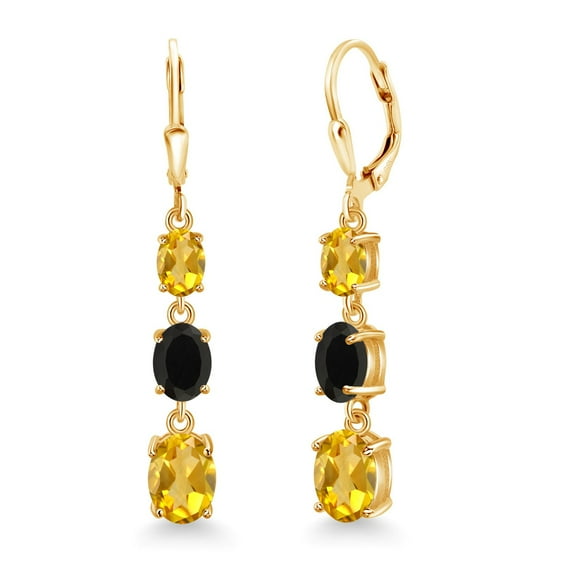 Gem Stone King 18K Yellow Gold Plated Silver Yellow Citrine 3 Stone Dangle Earrings for Women (4.90 Cttw, Gemstone November Birthstone, Oval 8X6MM, 7X5MM and 6X4MM)