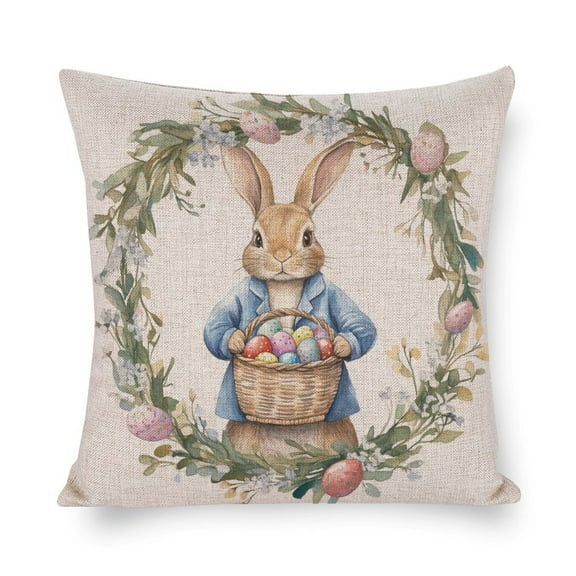 Cushion Pillow Cover Easter Bunny Farmhouse Decorative Throw Pillow Cove Easter Floral Garland Rabbit Accent Pillowcases 16"x16" for Couch Sofa Patio Furniture Home Decor