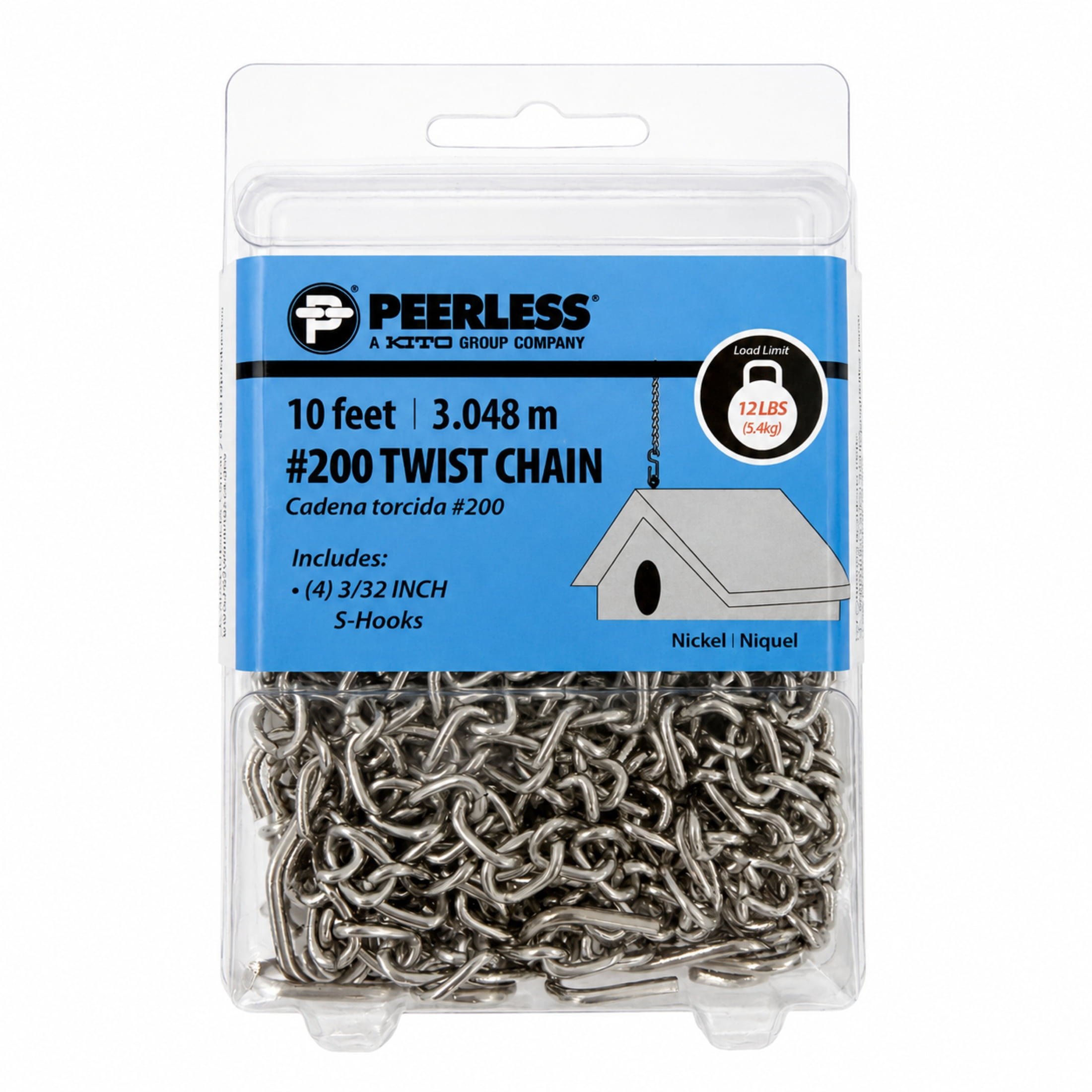 (2 pack) #200 Twist Chain with 4 S-Hooks, 10 feet, Peerless Chain Company #4840510, Nickel finish