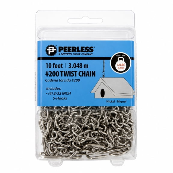 #200 Twist Chain with 4 S-Hooks, 10 feet, Peerless Chain Company #4840510, Nickel finish