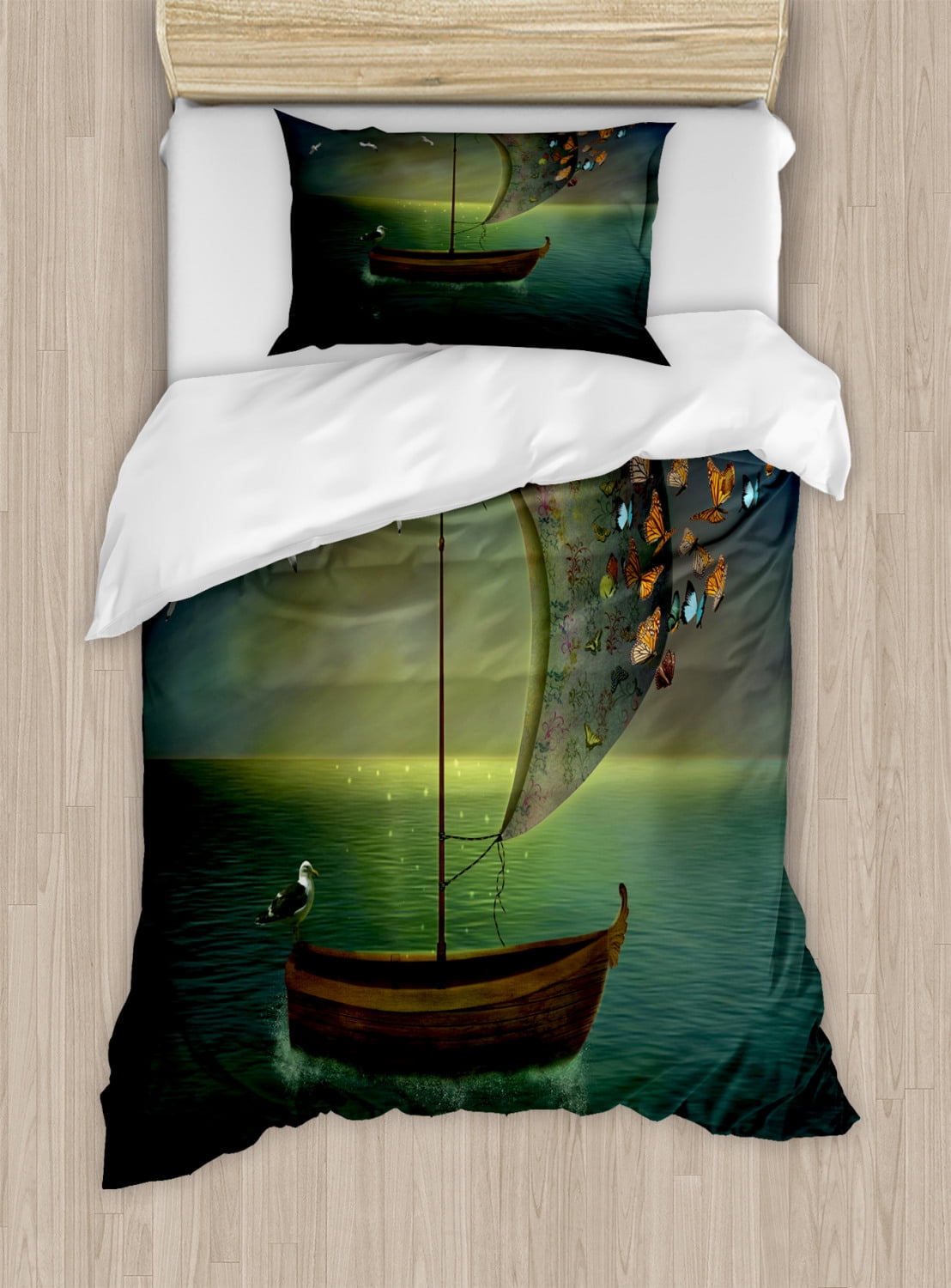 Marine Duvet Cover Set Twin Size, Lonely Boat Sailing in a Calm Sea