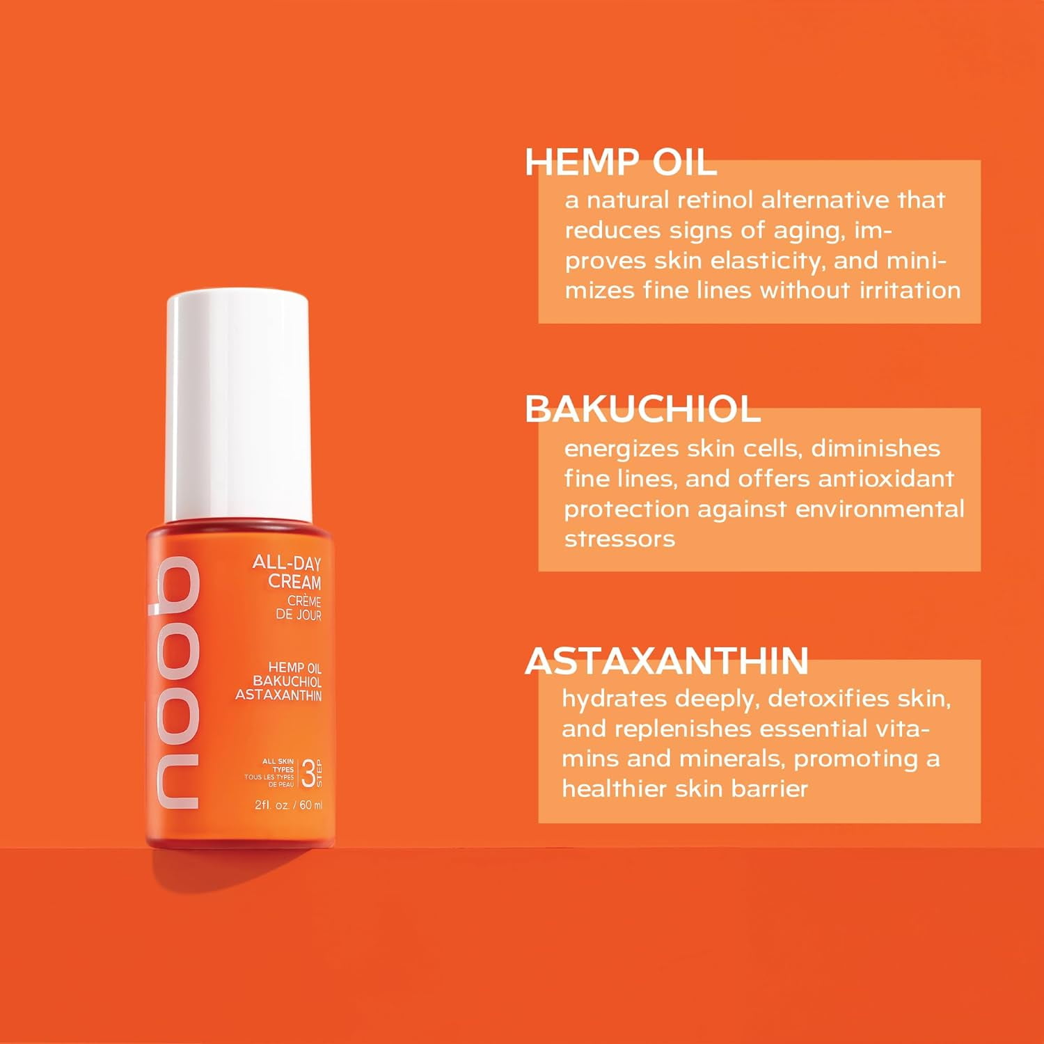 NOOB All-Day Face Cream, Organic Anti-Aging Facial Moisturizer Acne Prone & Sensitive Skin Friendly, Smooth, Firm and Even Skin Tone, Hemp Oil, Bakuchiol, Astaxanthin, Natural & Vegan - 2 Oz