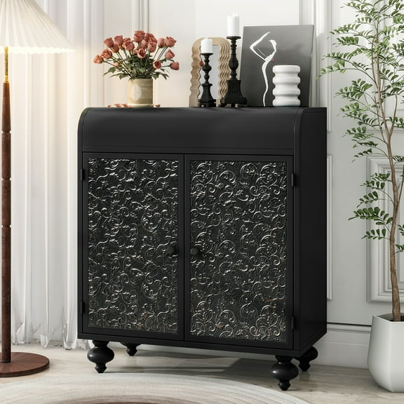 Art Accent Storage Cabinet with 2 Doors, Distressed Steel Sideboard & Embossed Pattern, 75 lbs Shelves, Entryway, Living Room, Dining Room, Antique Black