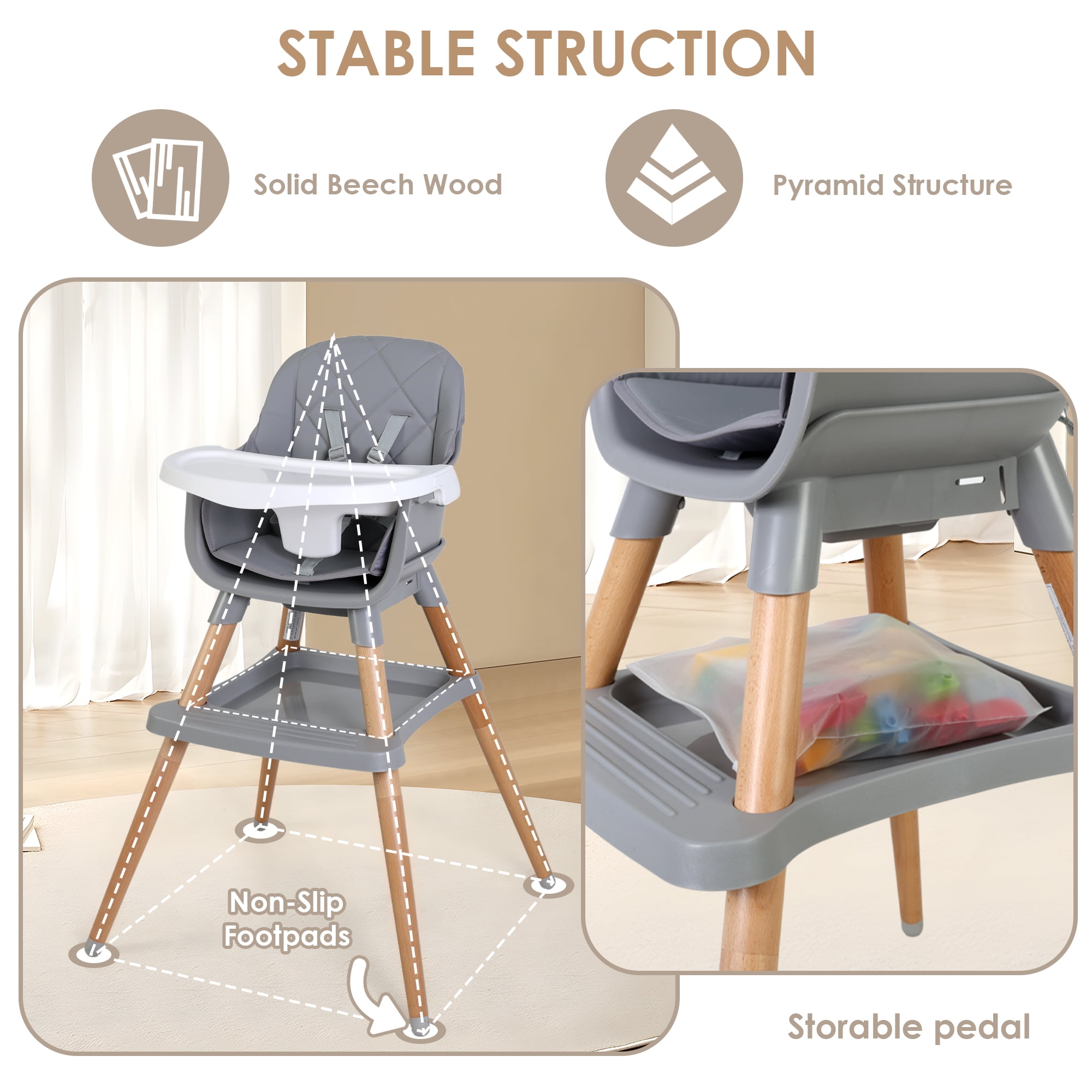 LINLUX Wood Baby High Chair, 7 in 1 Convertible Highchair, Infant Feeding Chair, Toddler Chair Gray