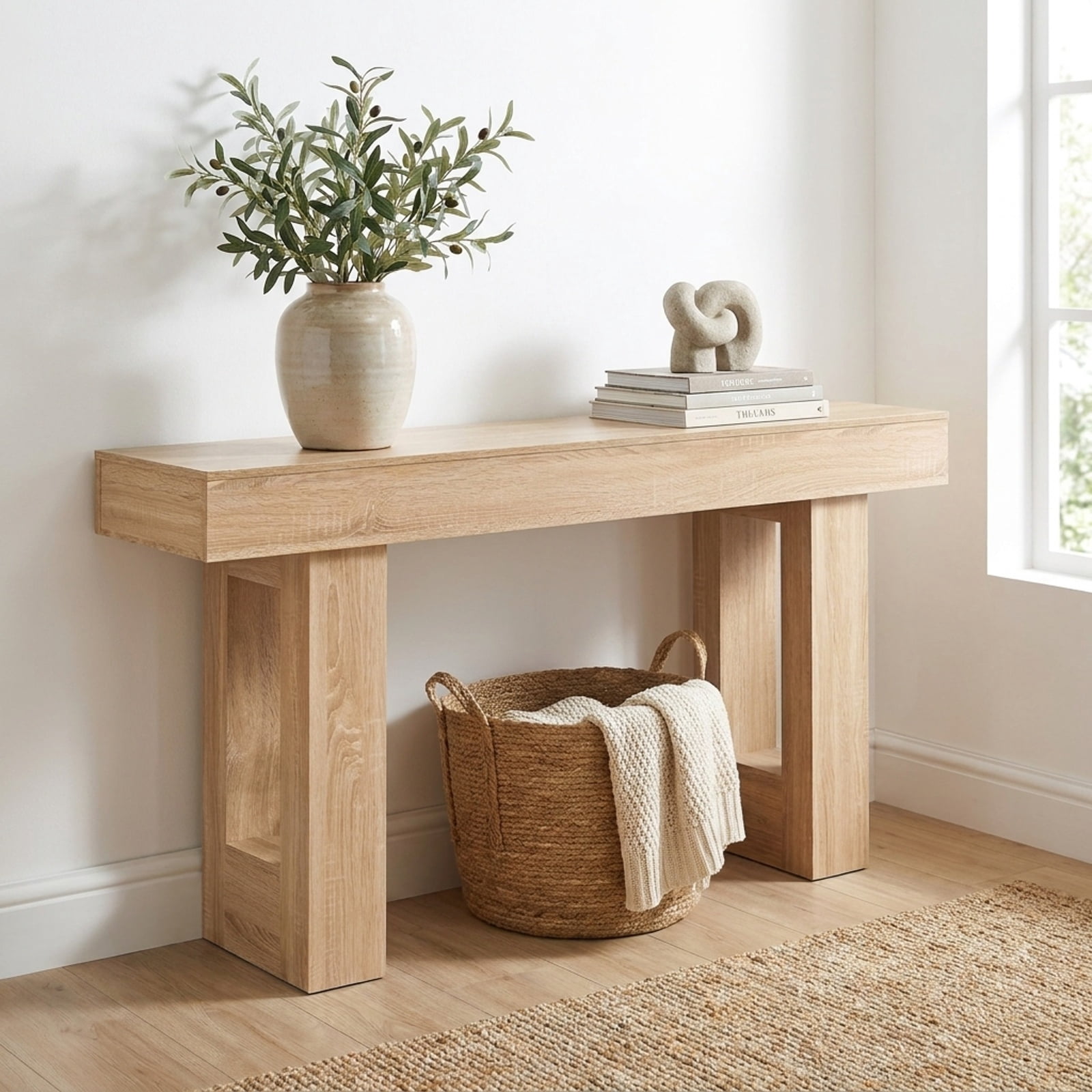 Furnibear 63 Inch Long Console Table Farmhouse Entryway Table with Bottom Storage for Living Room Hallway Foyer Sofa, Natural