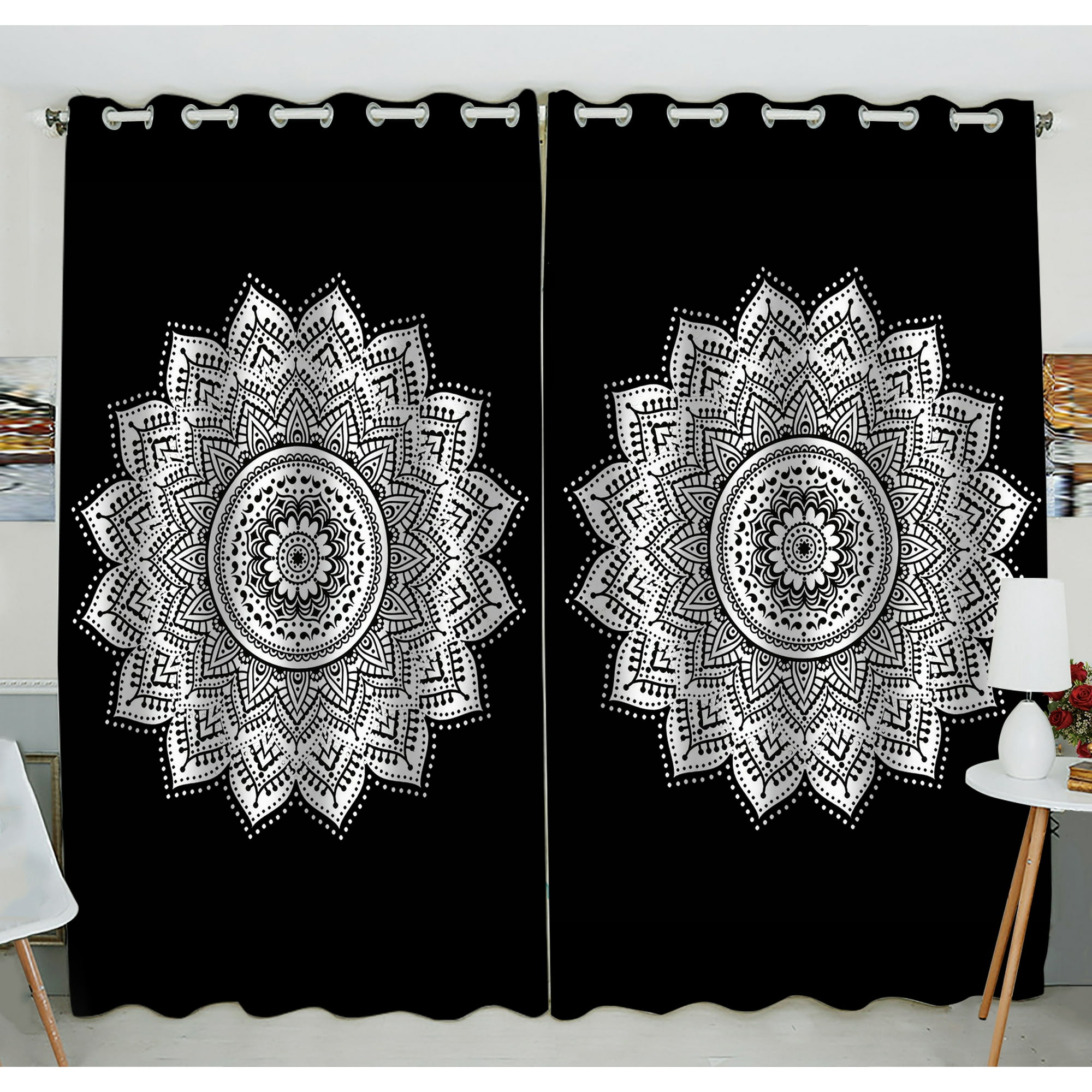 Gckg Mandala Window Curtain Mandala Black And White Indian Grommet Blackout Curtain Room Darkening Curtains For Bedroom And Kitchen Size 52 W X84 H