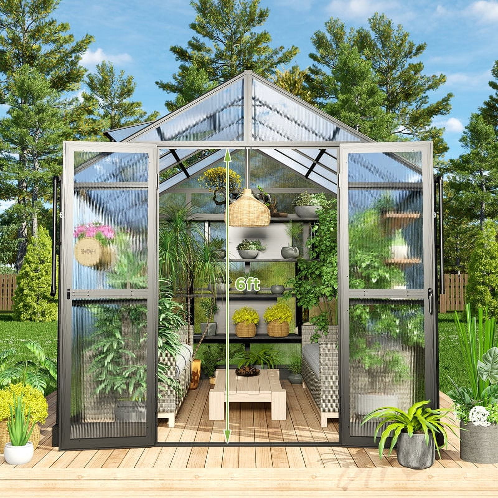 LUXOAK 8x10x7.5 ft Polycarbonate Greenhouse 2 Vents Double Swing Doors 5.2ft Added Wall Height, Black