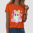 thumbnail image 2 of TOWED22 Halloween Shirt for Women Crew Neck Shirt Cute Bow Ghost Graphic Short Sleeve Casual Fall Clothes Tops(Orange,L), 2 of 5