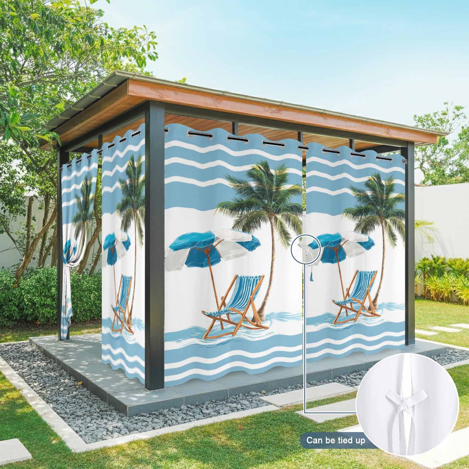 Summer Outdoor Curtains for Patio, Beach Scene Sun Umbrella Palm Trees Blue Stripes Modern Sunshade Privacy Drapes Grommet Waterproof Outside Curtains for Porch/Cabana/Balcony 54"x 108", 1 Panel