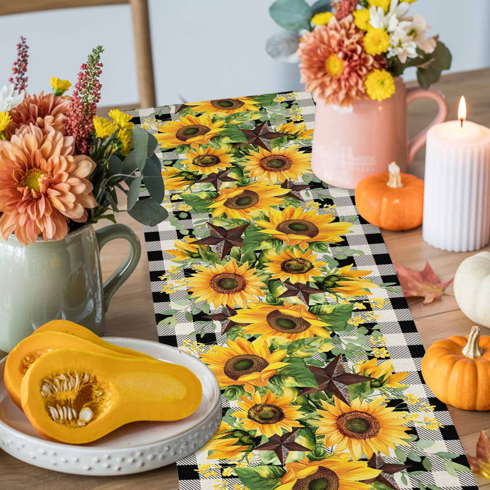 Texas Star Sunflower Cotton Linen Table Runner, Washable Table Runners for Kitchen, Dining Room, Holiday, Home Party Table Decor, 13x90 Inches
