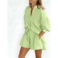 thumbnail image 5 of 2 Piece Outfits Button Down Shirt Top and Shorts Casual Lounge Sets Green S, 5 of 6