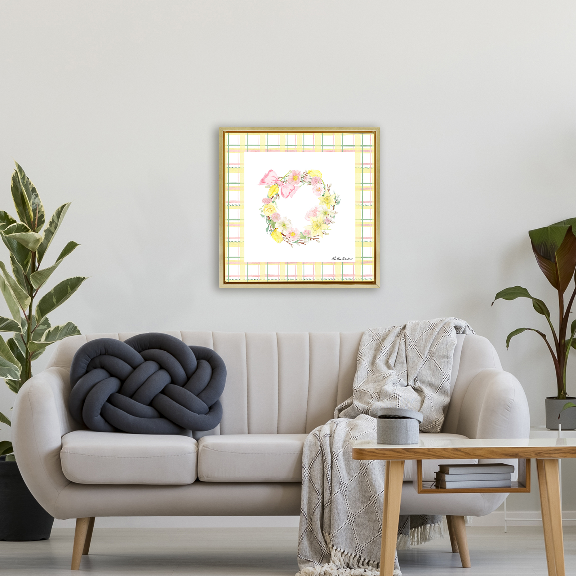 Wreath in Spring Pastels Gold Framed Floater Canvas Wall Art, design by Lee Ann Sanders