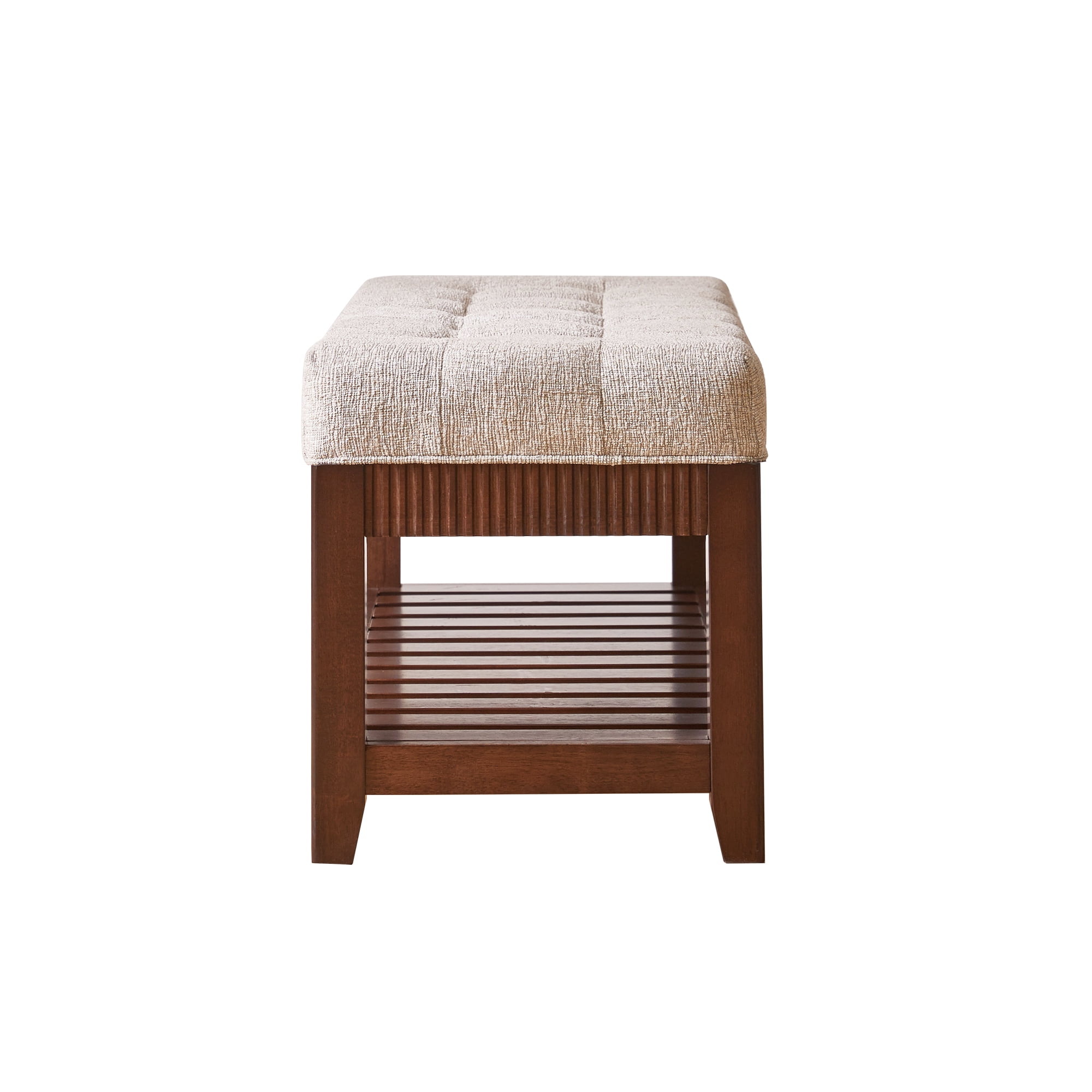Solid Rubber Wood Entryway Bench with Padded Cushion and Shoe Rack, Ash Brown