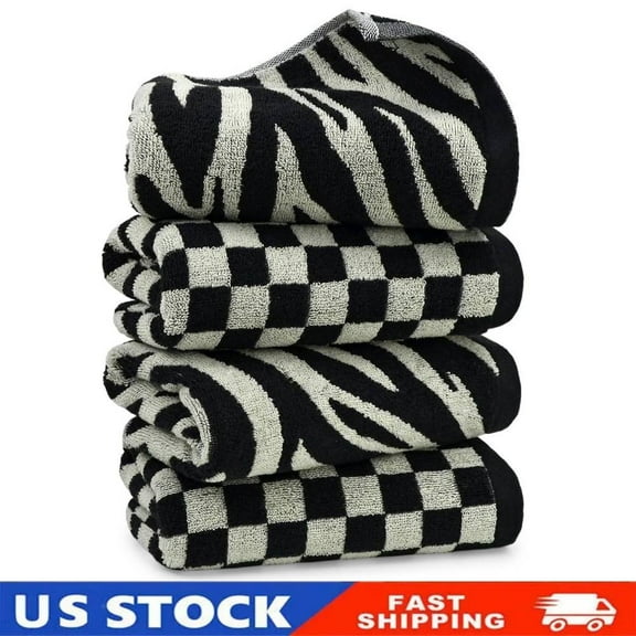 4Pack 2 Style Bathroom Hand Towels, Black Checkered and Zebra Hand Towel Gift