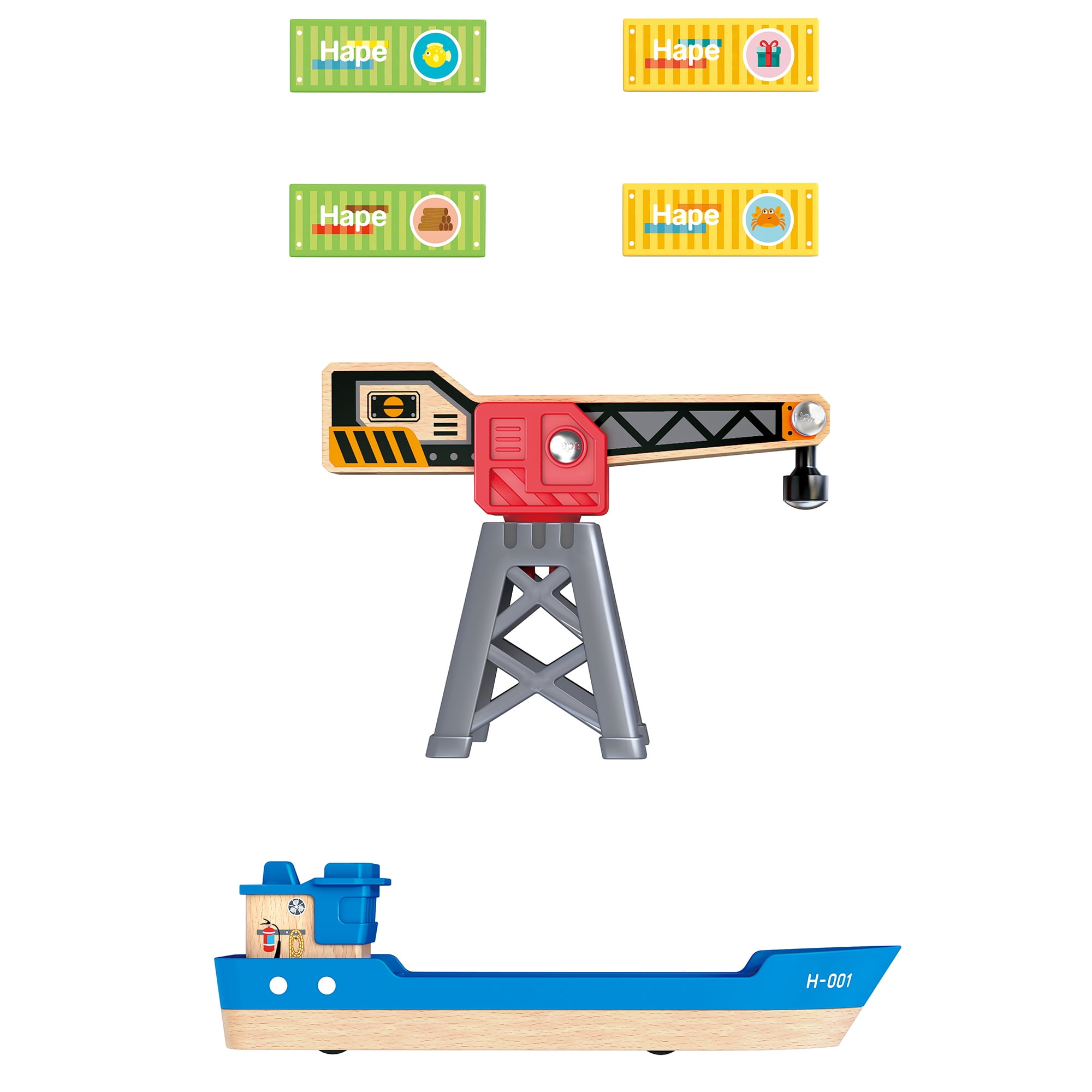 Hape: Cargo Ship & Crane - 6 pc Train Playset, Functional Crane, Wooden Toy, Magnetic Linking, Cargo Accessories, Push & Pull, Kids Ages 3+