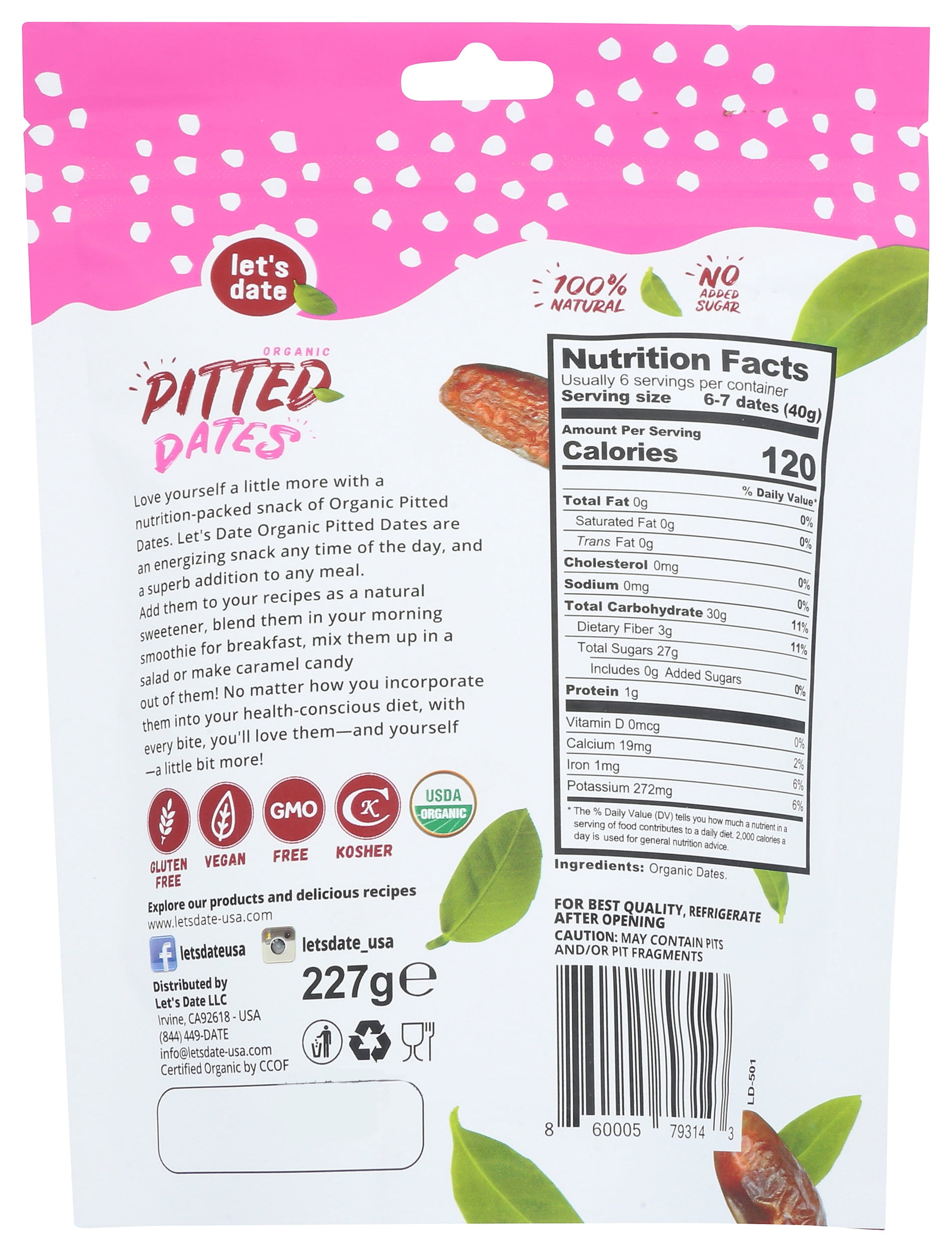 Pack of 6, Lets Date Organic Pitted Dates, 8 oz