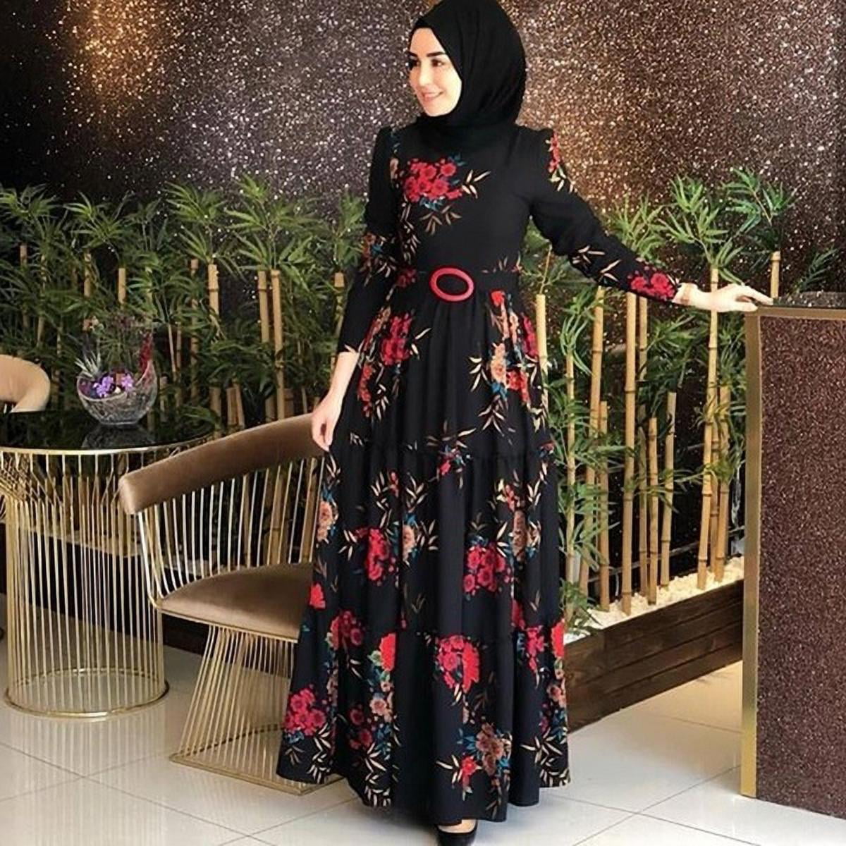 Women Muslim Dress Floral Long Sleeve Abaya Islamic Party Cocktail Dubai Gown