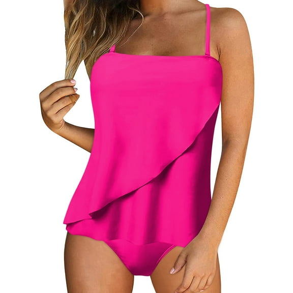 Wxirdiow Women Tankini Two Pieces Swimsuit Push Up Tummy Control Two Pieces Tummy Control Bathing Suits Swimwear Tankini Tops & Bottoms (Hot Pink, M)