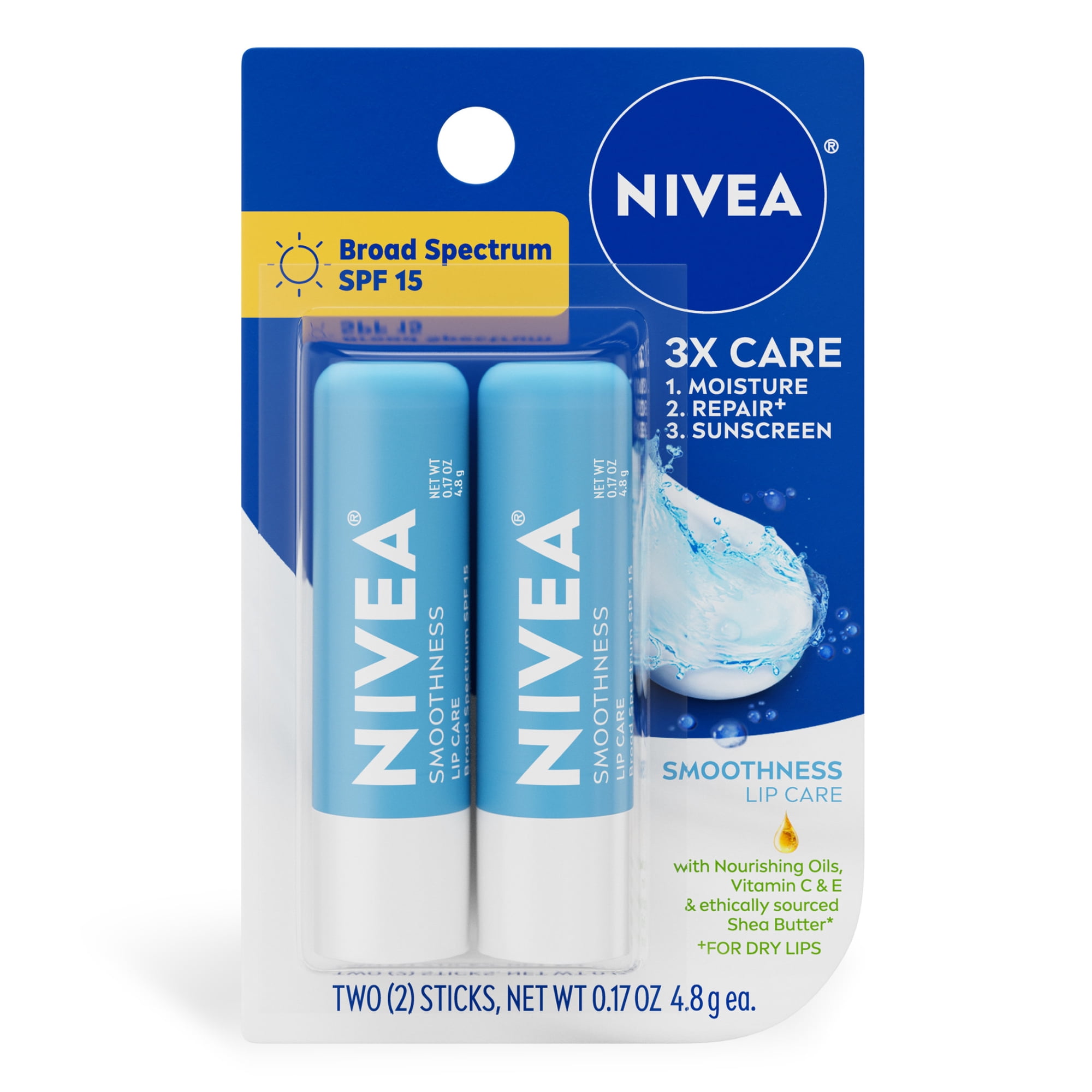 NIVEA Smoothness Lip Care, Lip Balm SPF 15 with Shea Butter, Vitamin C & E, 0.17 oz, 2 Pack