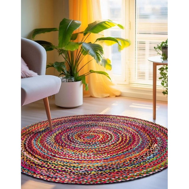 7 Ft Round Multi Cotton Area Rug, Hand-Woven, Reversible, Farmhouse Boho Style, Durable & Pet-Friendly Rug for Living Room, Dining Room, and Bedroom