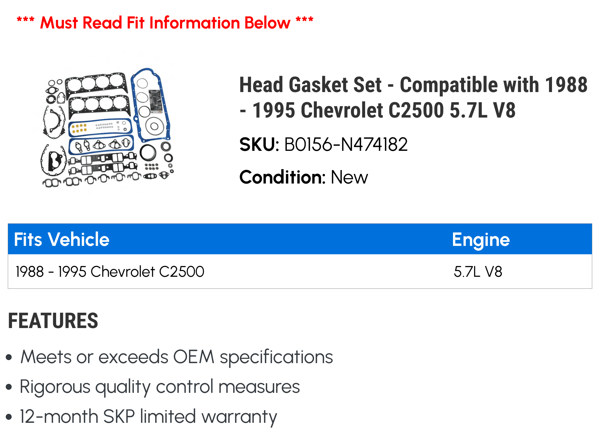Head Gasket Set - Compatible with 1988 - 1995 Chevy C2500 5.7L V8 1989 1990 1991 1992 1993 1994