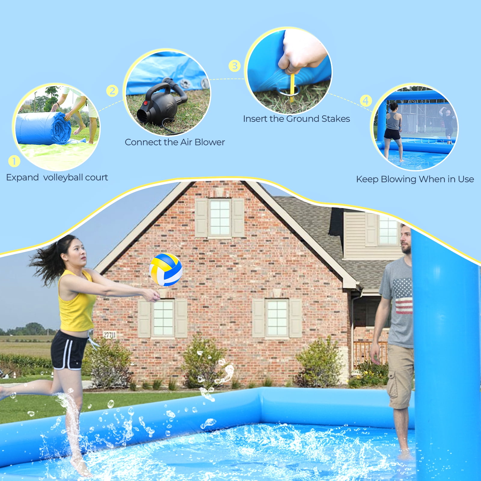 TRYSET 33x16.5x7FT Inflatable Volleyball Pool Court with 800W Air Pump, Commercial PVC Outdoor Water Game for Backyard Beach & Family Fun