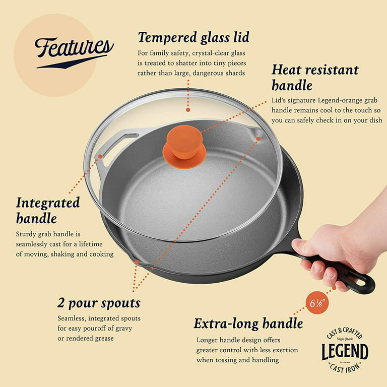 Legend Cast Iron Skillet with Lid, Large 12” Frying Pan with Glass Lid &  Silicone Handle for Oven, Induction, Cooking, Pizza, Sauteing, Grilling