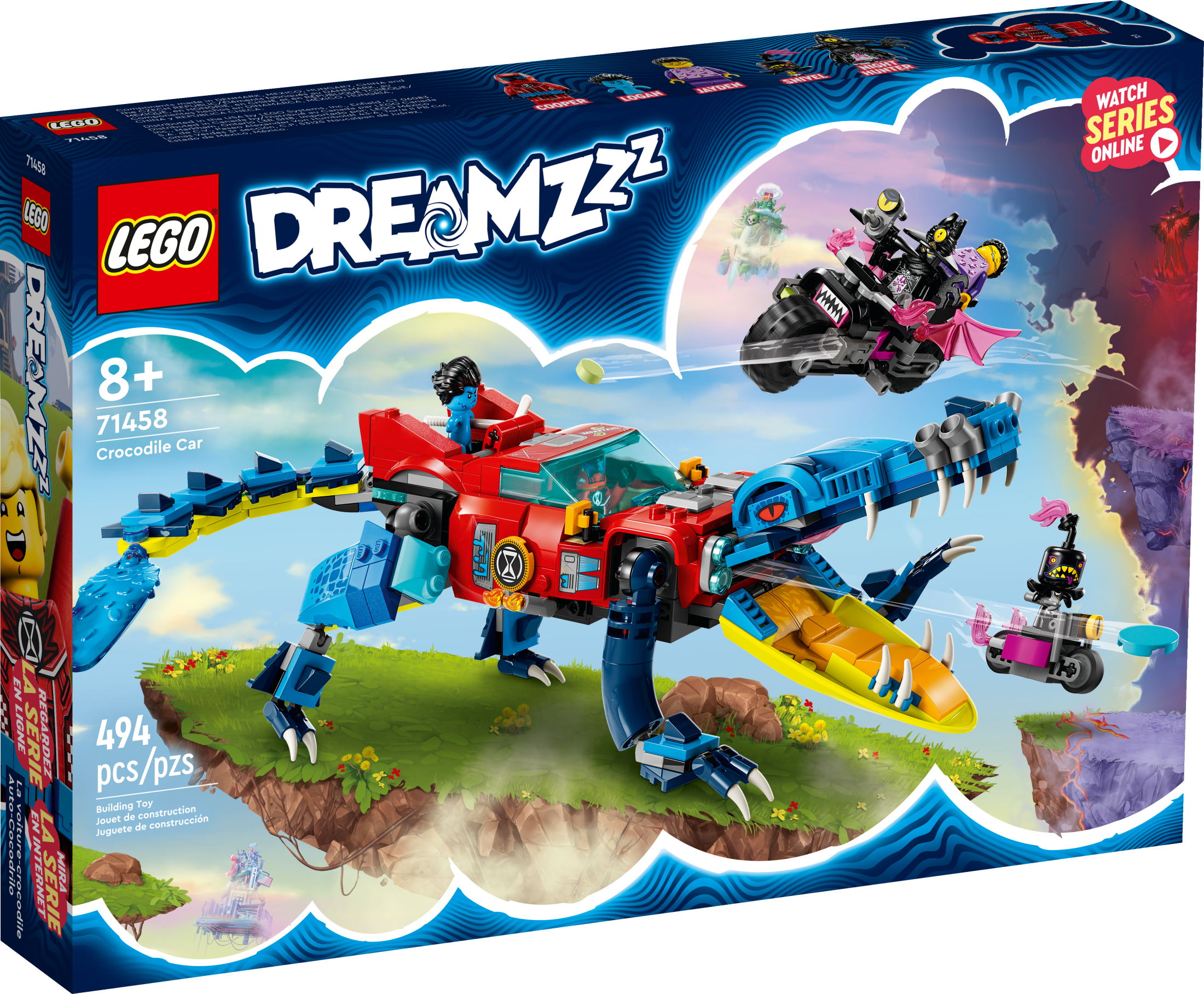 LEGO DREAMZzz Crocodile Car 71458 Building Toy Set, Rebuilds from Car to Off-Roader Truck Toy and Mini-Boat, Features Cooper, Jayden, and the Night Hunter Minifigures, Birthday Gift for 8 Year Olds