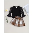 thumbnail image 2 of Toddler Girls Fall Outfits Crew Neck Dot Mesh Flare Long Sleeve Tops Elastic Waist Mini Plaid Skirts with Belt Set, 2 of 8