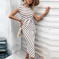 thumbnail image 6 of Women's Summer Cap Sleeve Crewneck Striped Dress Basic Solid Tie Waist office T Shirt Dresses Pockets Brown, 6 of 6