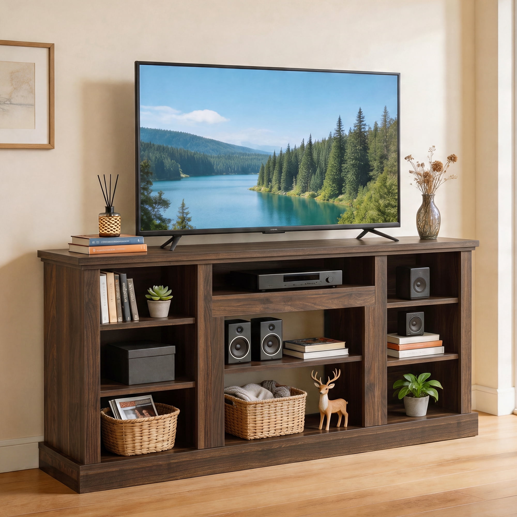 Uforic 70"W Farmhouse TV Stand, Adjustable Shelf Entertainment Center for 75/80 Inch TVs, Walnut