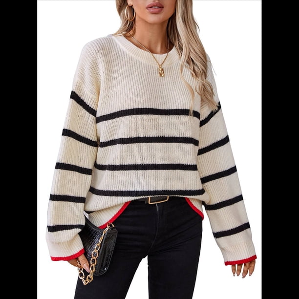 Suéteres de Punto A Rayas de Gran Tamaño para Mujer, Ropa de Otoño, Suéter de Cuello Redondo de Invierno, Ropa de Moda. Albaricoque S