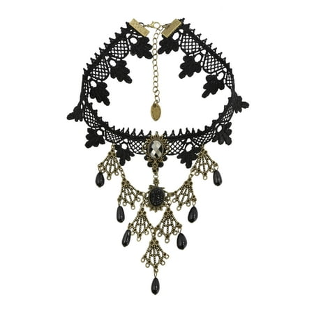 Beaded Lace Top - Women Beaded Rhinestone Decor Lace Statement Necklace Black