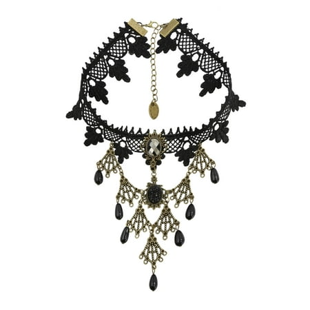 Women Beaded Rhinestone Decor Lace Statement Necklace Black