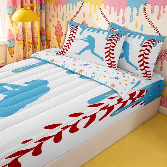 Homewish Light Blue Dripping Baseball Stitch Batter Silhouette Graphic Zipper Twin Comforter Sets with Fitted Sheet and 2 Pillowcases,Ball Gamer Zipper Bedding Set,4-Piece