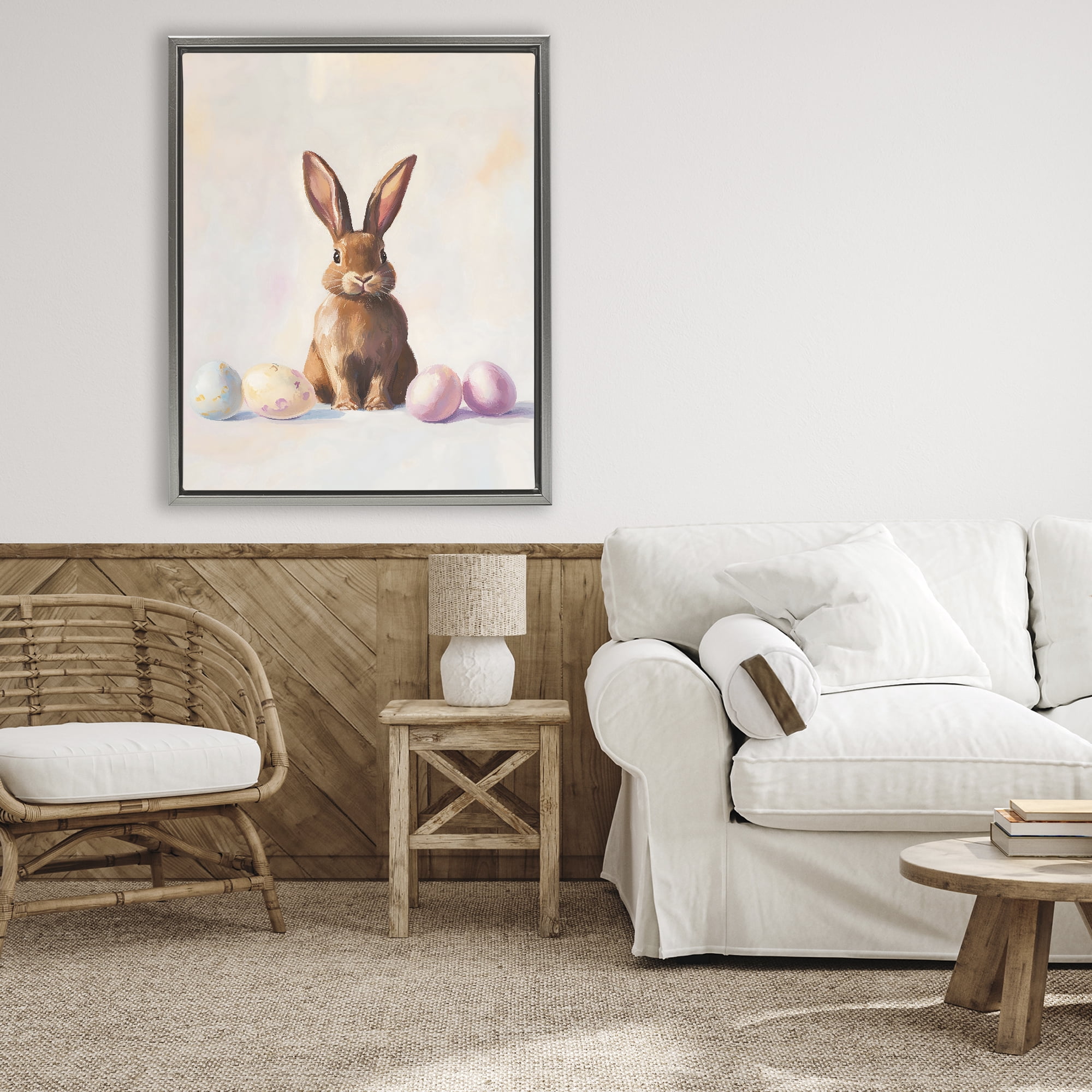 Stupell Industries Easter Bunny with Pastel Eggs Gray Framed Floater Canvas Wall Art, design by The Prints Vibe