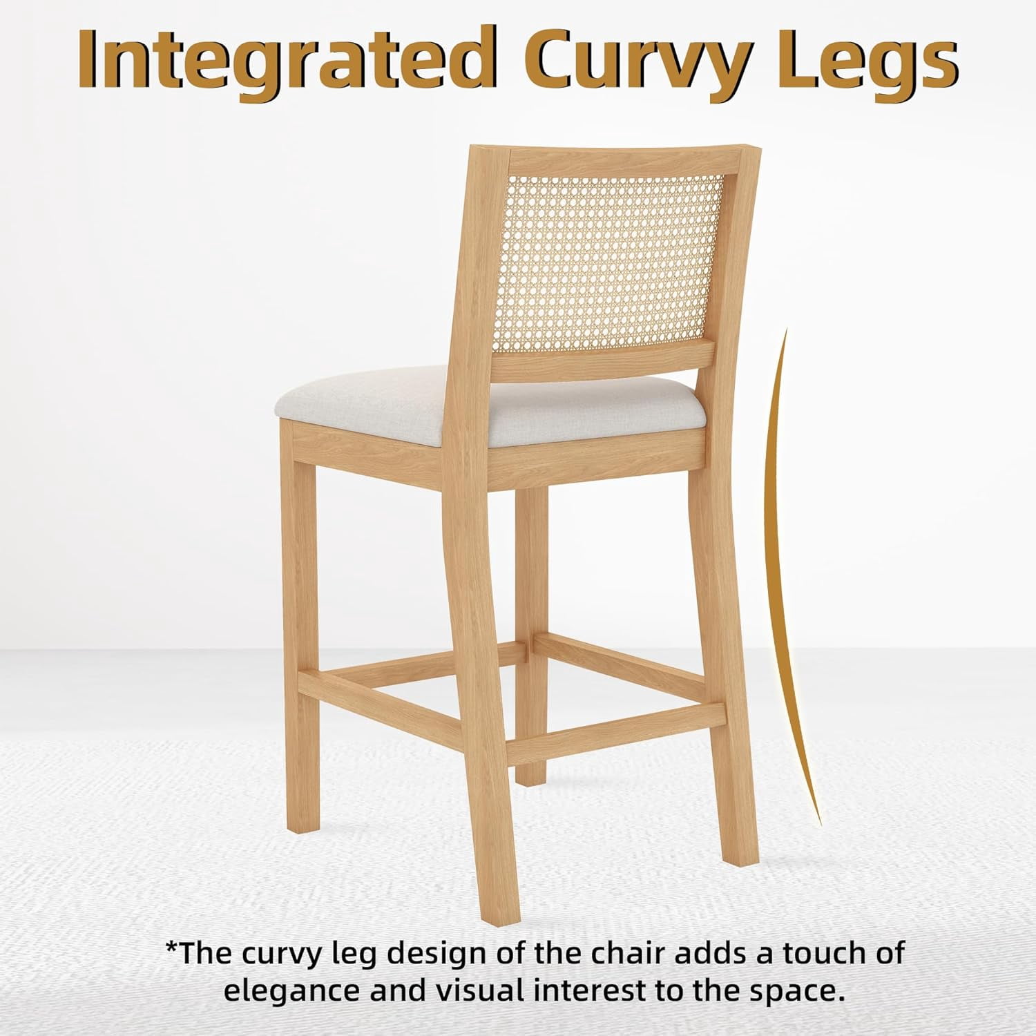 Westice Rattan Bar Stools Set of 6, 26" Farmhouse Counter Height Stools with Natural Rattan Back and Wood Frame, Upholstered Line Fabric Seat Cushion, Wooden Stools for Kitchen Island/Pub, Natural