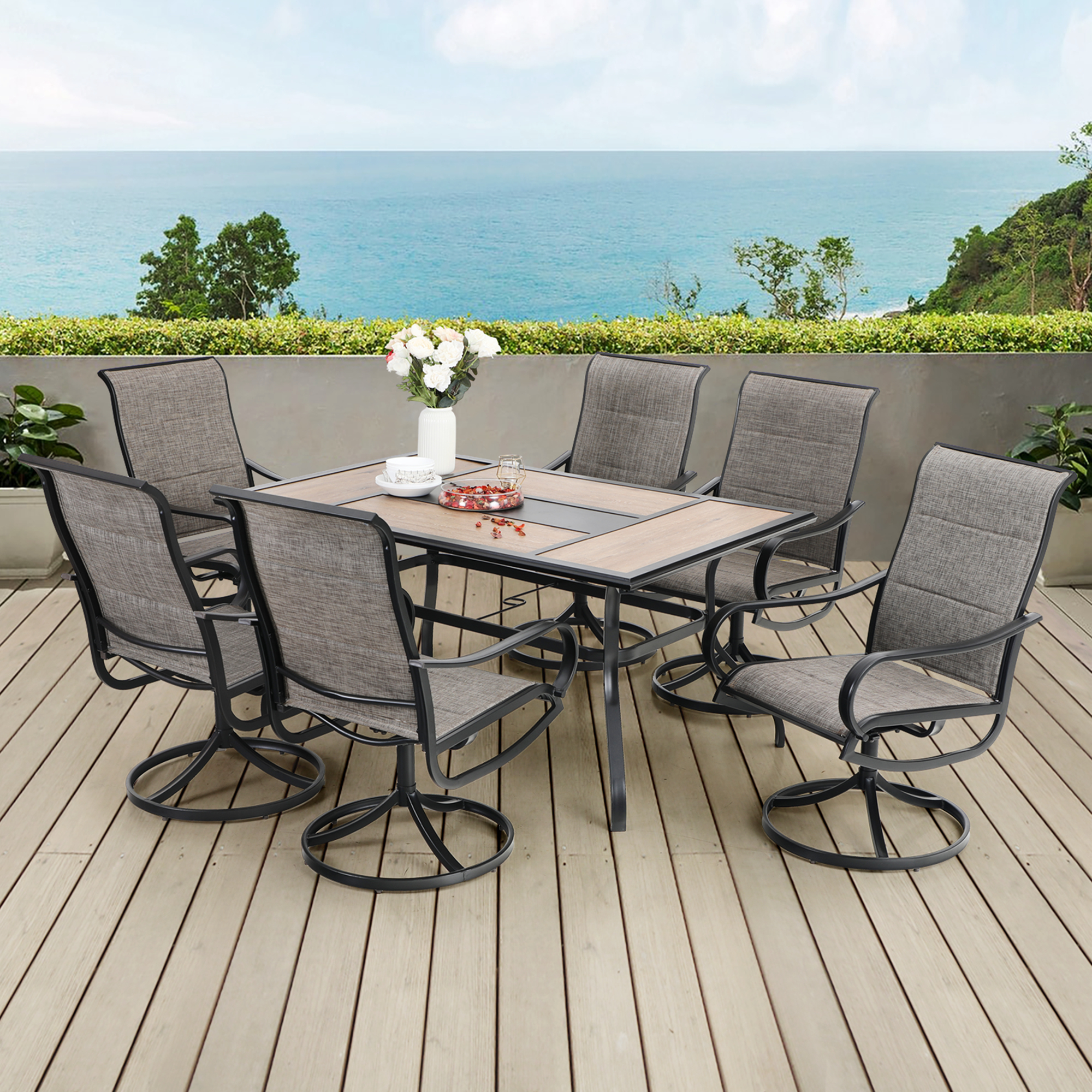 MF Studio 7-Piece Outdoor Patio Dining Sets Modern Metal Furniture with 6 Swivel Dining Chairs and 1 Piece Rectangular Table, Gray - image 3 of 24