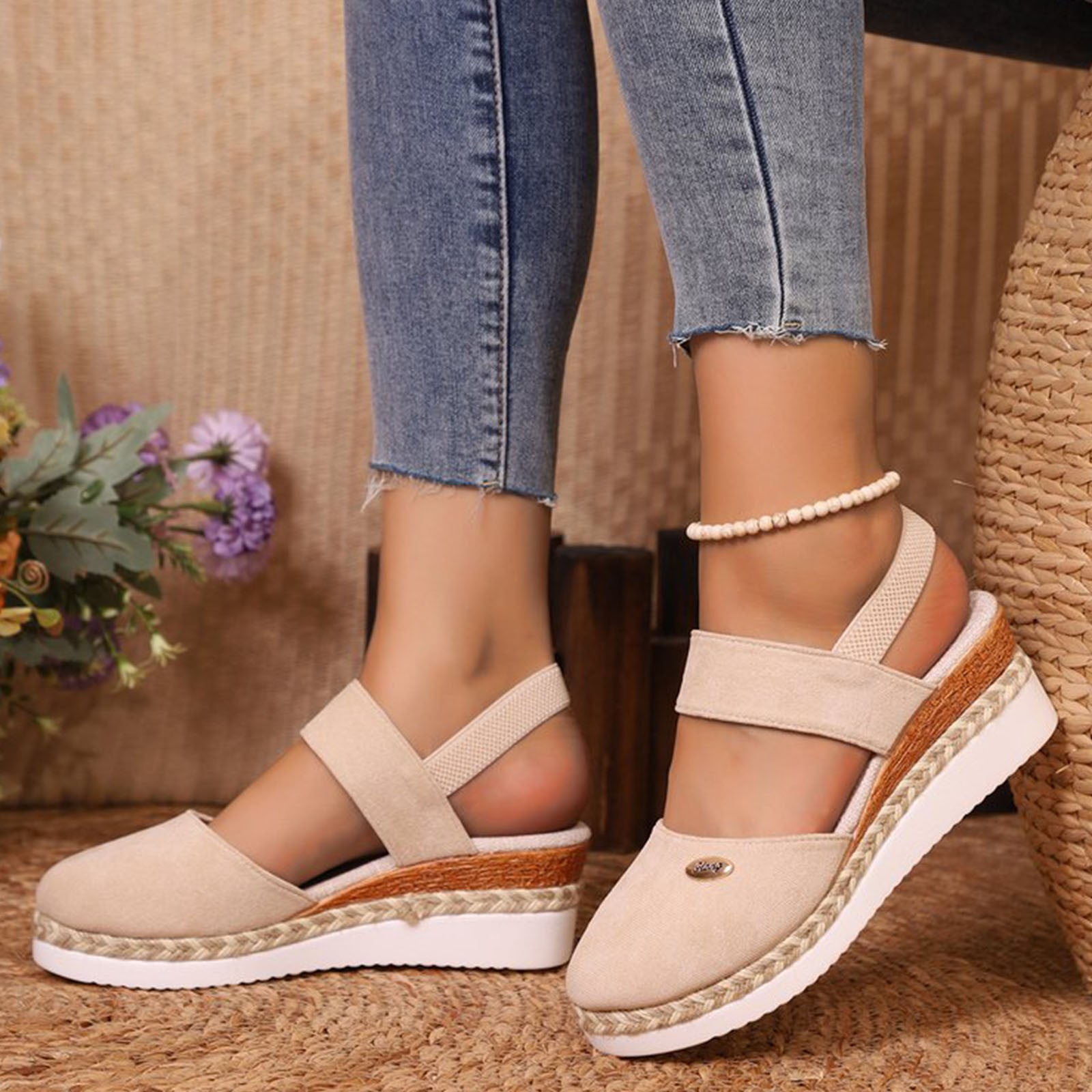 TUGOXIE Sandals Women Beige Platform Flats Closed Toe Womens Shoes,Size 41