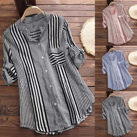 Hilenly Plus Size Blouses for Women Dressy Casual Rolled Sleeve Button Down Shirts V Neck Striped Tunic Tops Business Casual Outfits