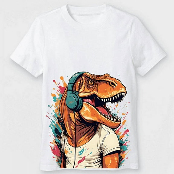 Boys Funny T-Rex Listening to Music Watercolor Graphic T-Shirt Size 14-16